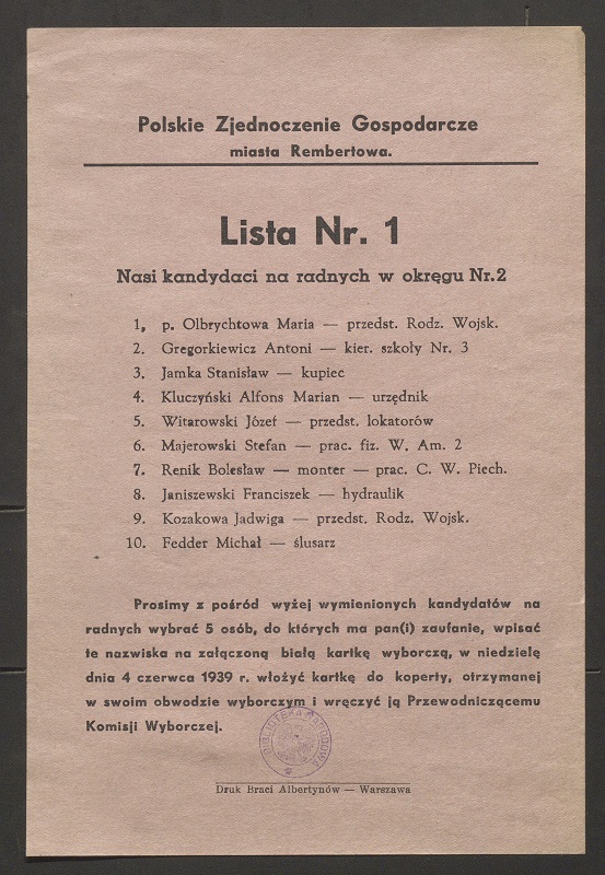 Lista wyborcza 1939 Rembertów