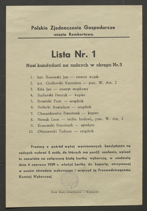 Lista wyborcza PZG 1939 Rembertów