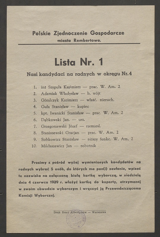Lista wyborcza PZG 1939 Rembertów