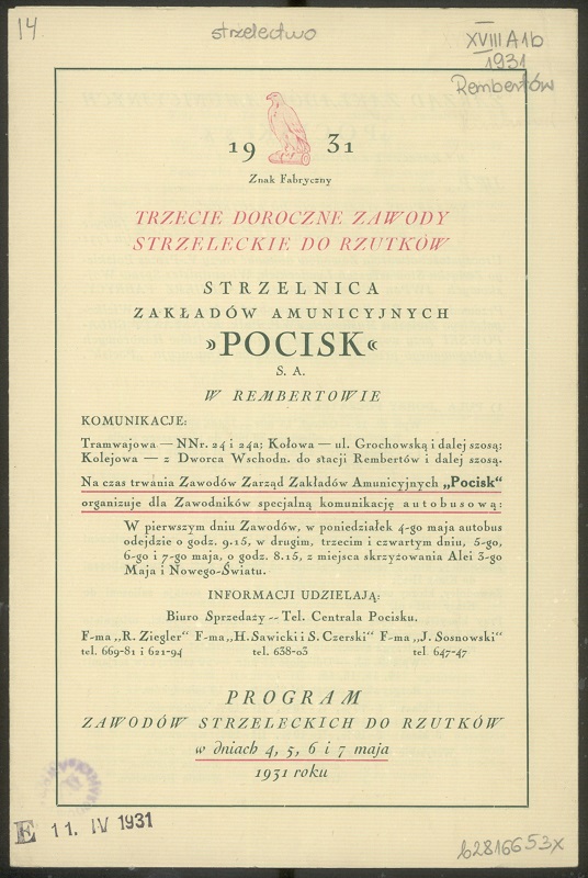 Afisz Zawody stzreleckie 1931 Rembertów Z.A. Pocisk