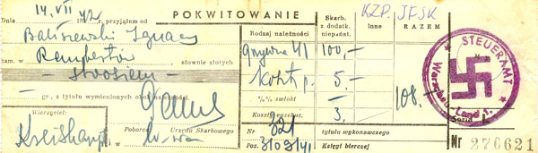 Pokwitowanie opłaty grzywny 1942