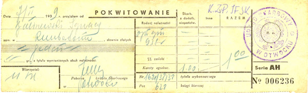 Pokwitowanie Urząd Skarbowy 1939