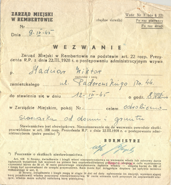 Wezwanie w sprawie odrobienia szarawarku 1945