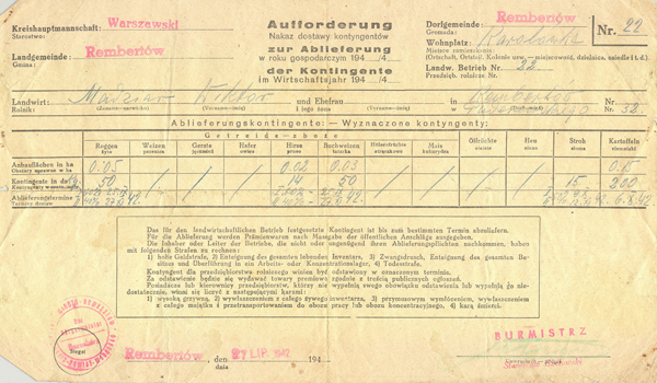 Nakaz dostawy kontygentu 1943