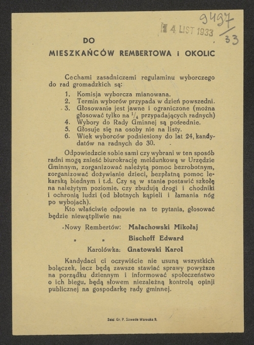 afisz wyborczy 1933 Rembertów