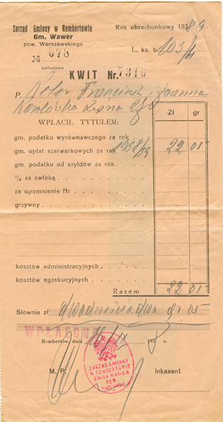 Kwit opłaty szarawarkowej 1938