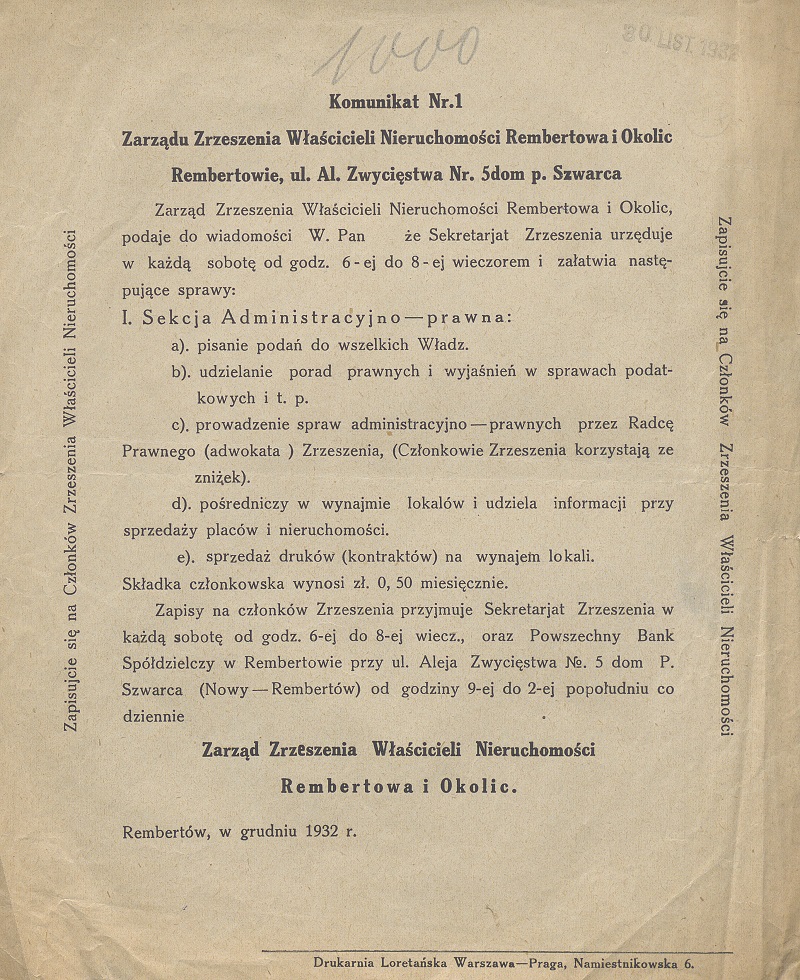 Komunikat Zrzeszenia Właścicieli Nieruchomości Rembertów 1932