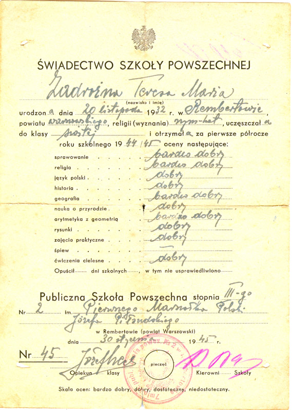 Świadectwo szkolne SP2 1945