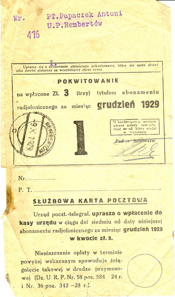 Potwierdzenie opłaty abonamentu 1929