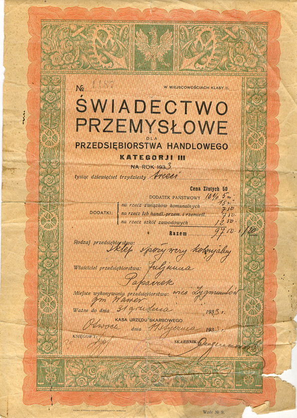 Świadectwo Przemyslowe 1933