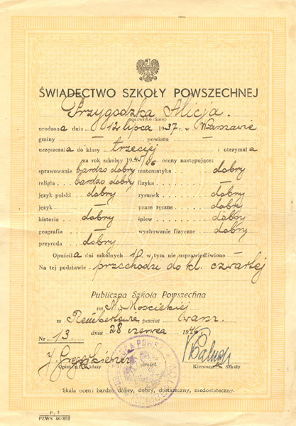 Świadectwo szkolne 1946