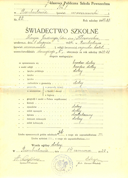 Świadectwo szkolne 1932/33