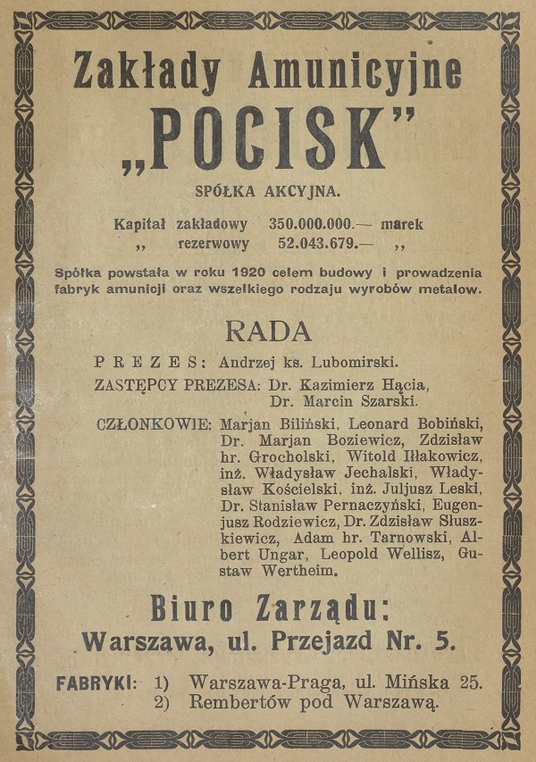 reklama Z.A. Pocisk z 1923 roku